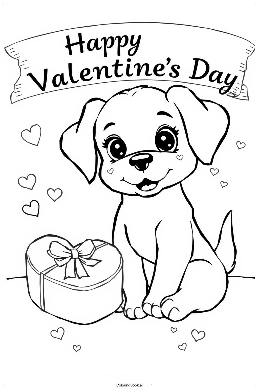  Page de coloriage Boîte de chocolat pour la Saint-Valentin avec un chiot 'Joyeuse Saint-Valentin' 