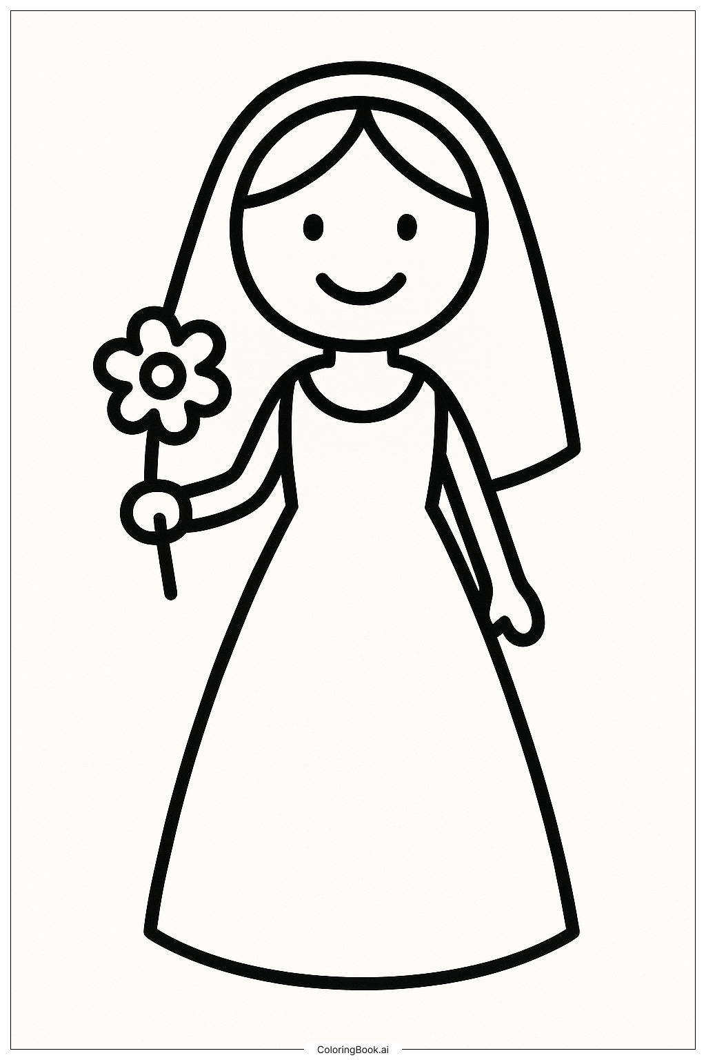  結婚式の花嫁が一輪の花を持つの塗り絵ページ 