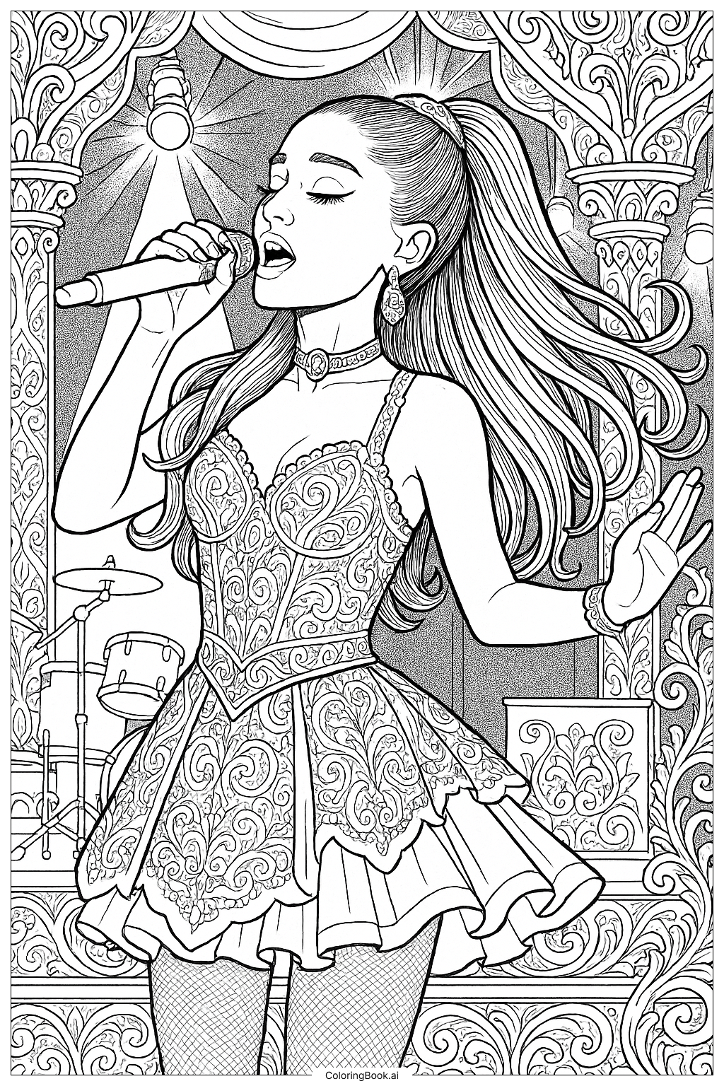 Ariana Grande in einem aufwendigen Bühnenkostüm Ausmalseite