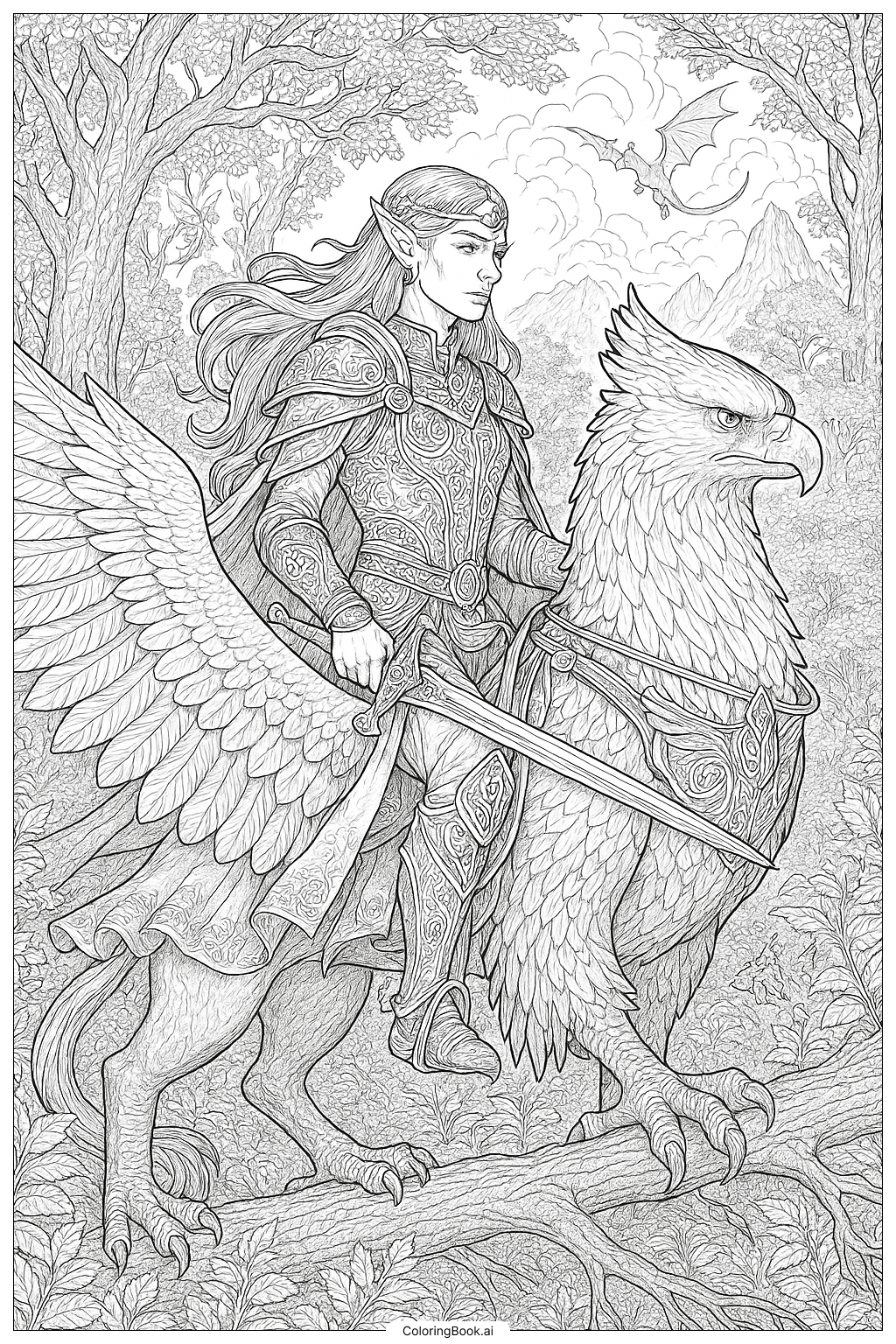  Página para colorir de Elfo Montando um Grifo Alado Majestoso 