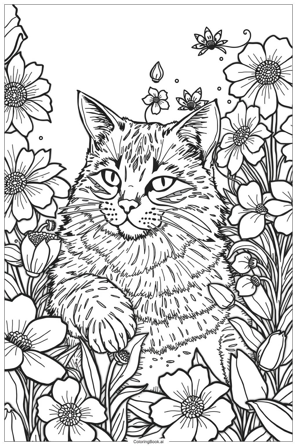  Page de coloriage Chat Dans le Jardin Fleuri 