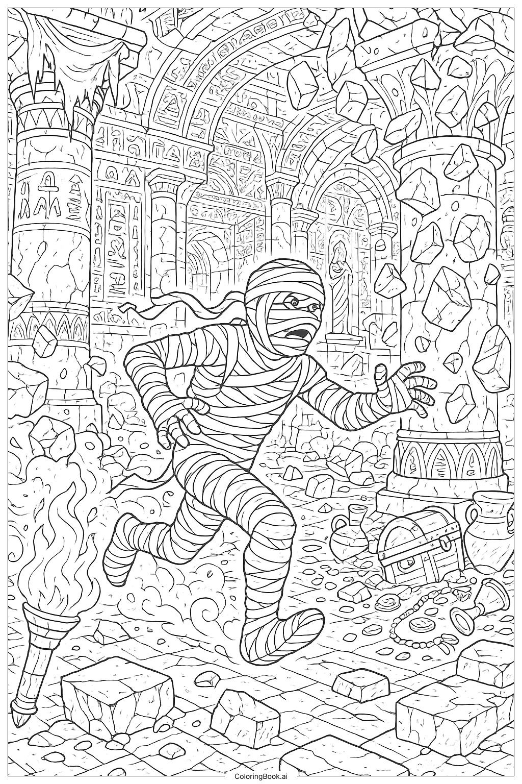  Mummy Escaping A Collapsing Temple Coloring Page 