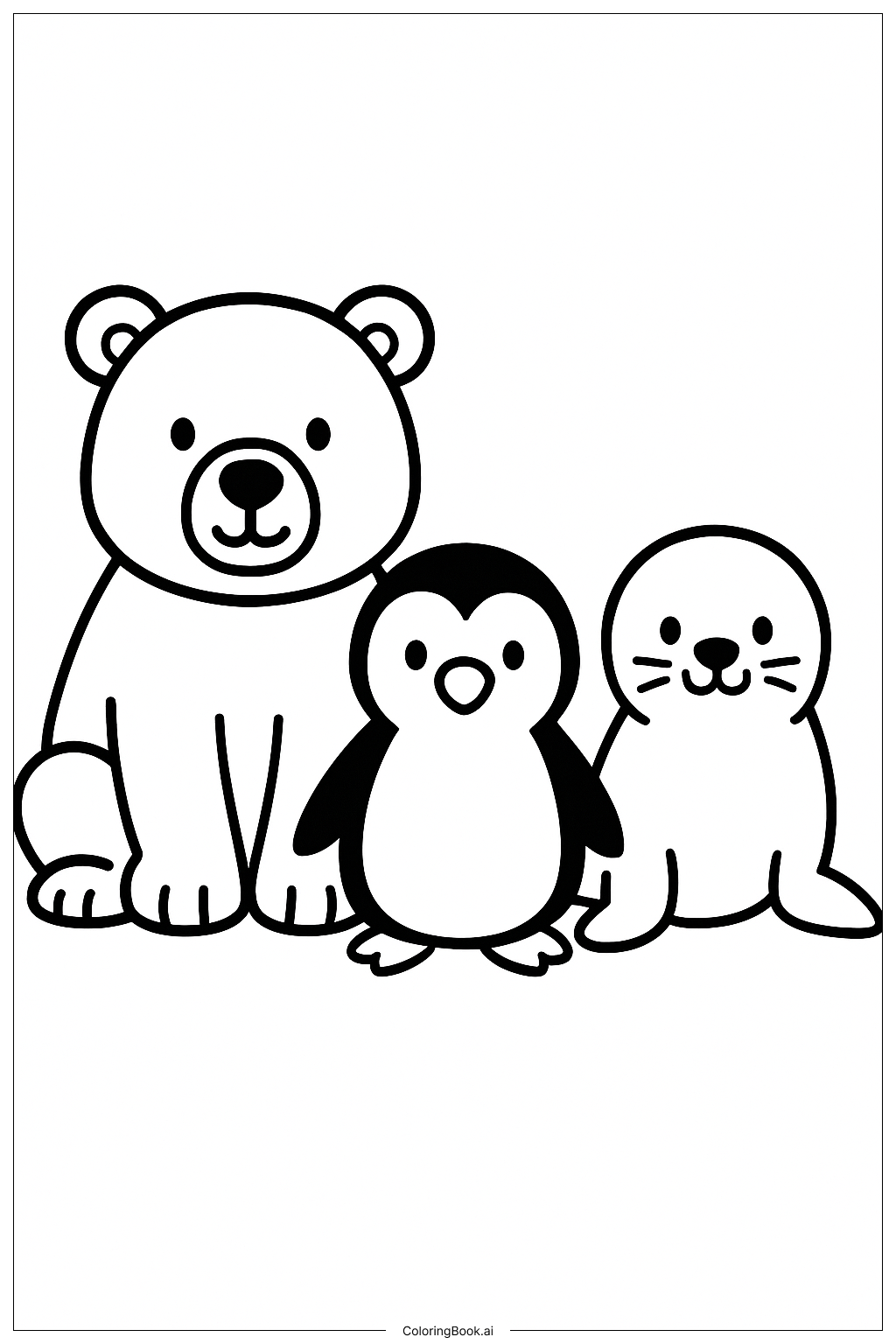 一群卡通風格的北極動物著色頁