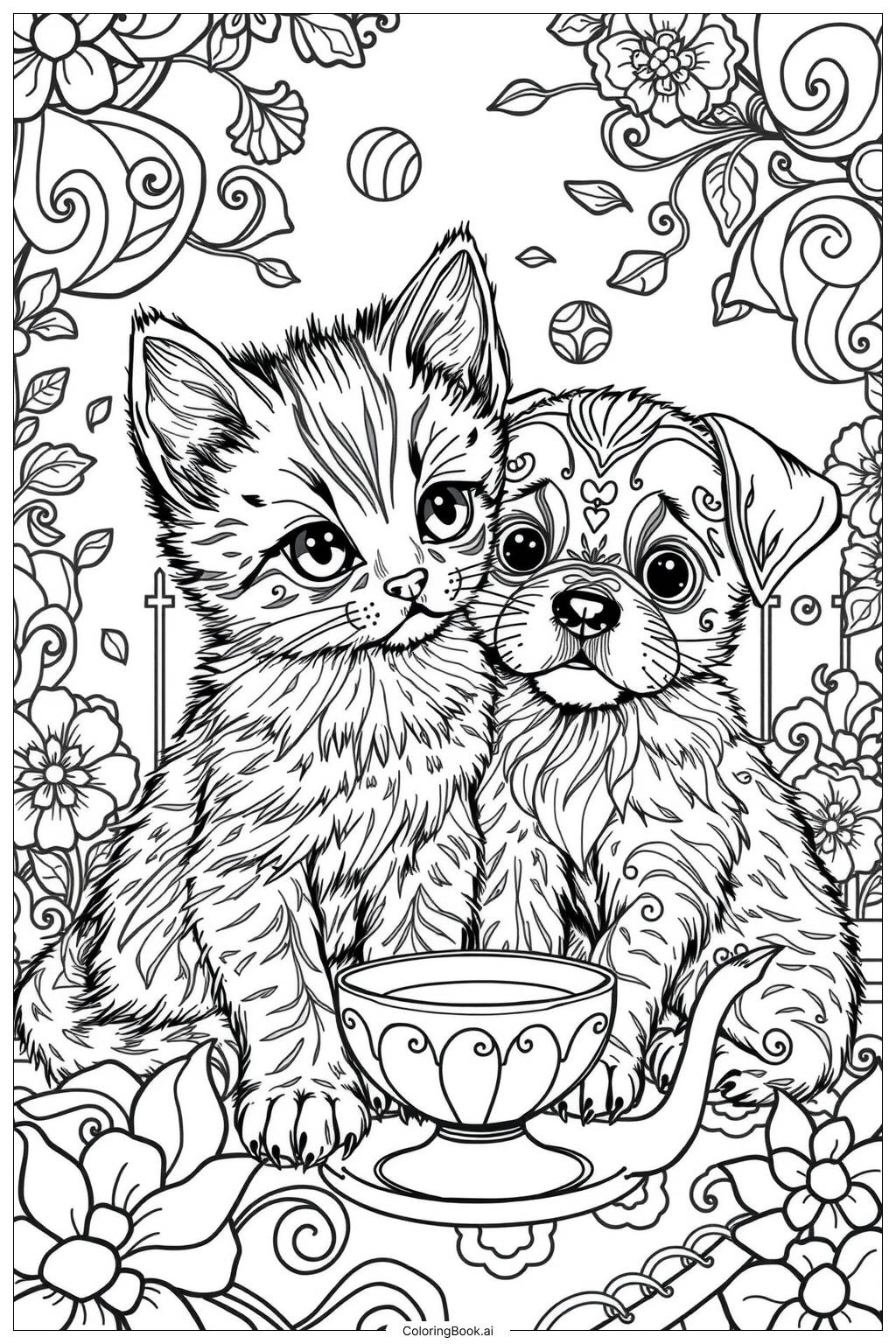  Page de coloriage Chatons dans un paysage fantaisiste et coloré 