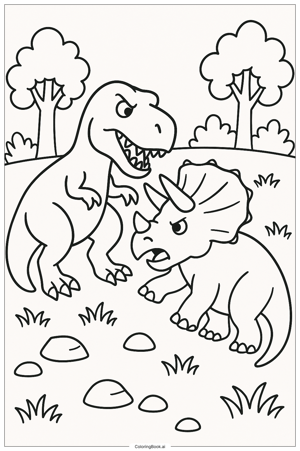  Página para colorir de Tiranossauro Rex Lutando Contra um Tricerátops 