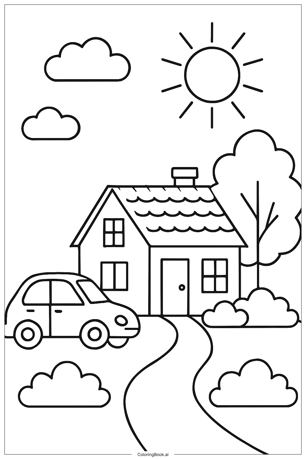 A Suburban House with a Car Coloring Page