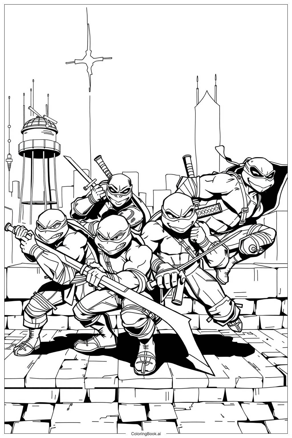  ninja turtles fighting villains together-2 Coloring Page 