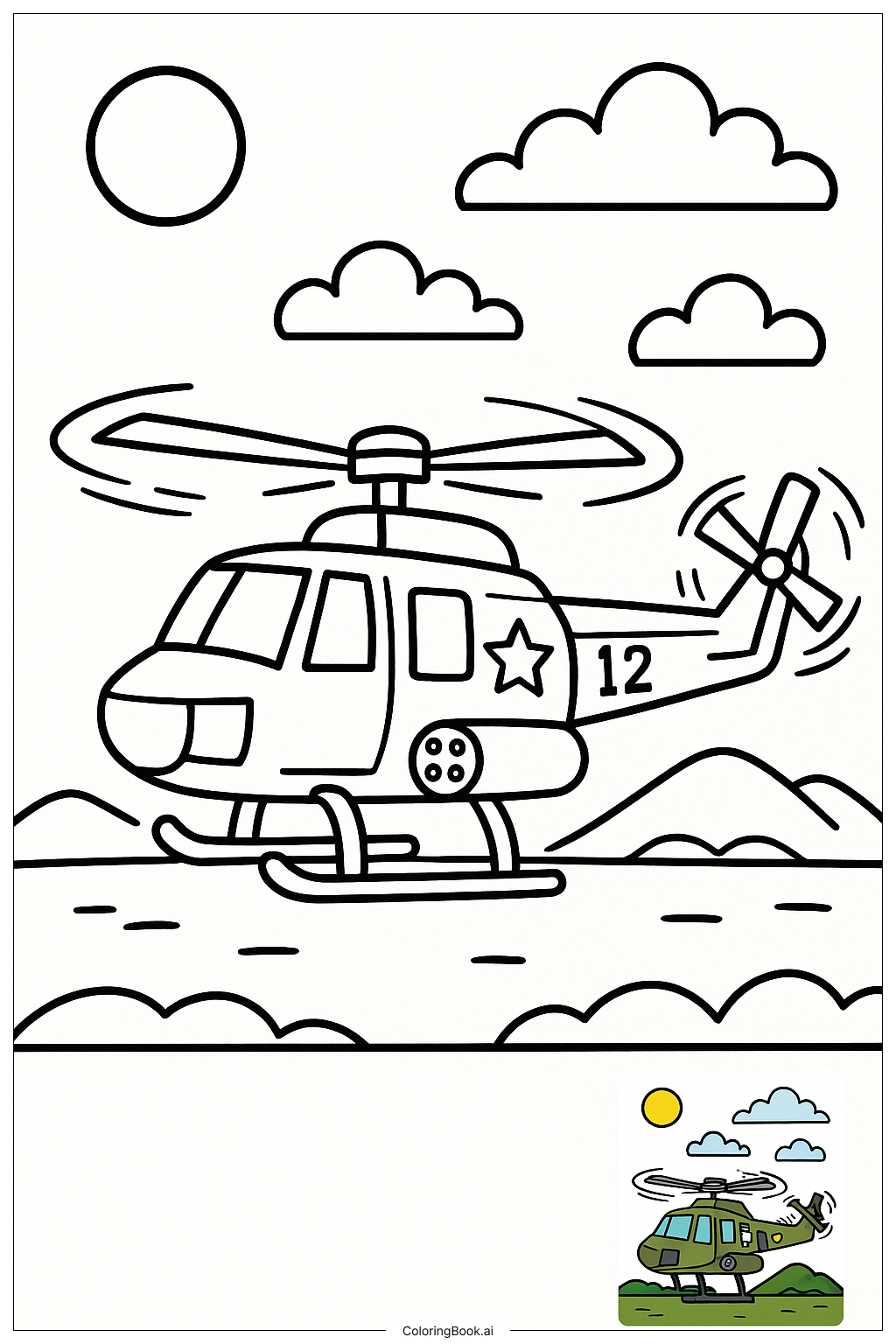  Page de coloriage Hélicoptère Militaire avec Pale du Rotor 