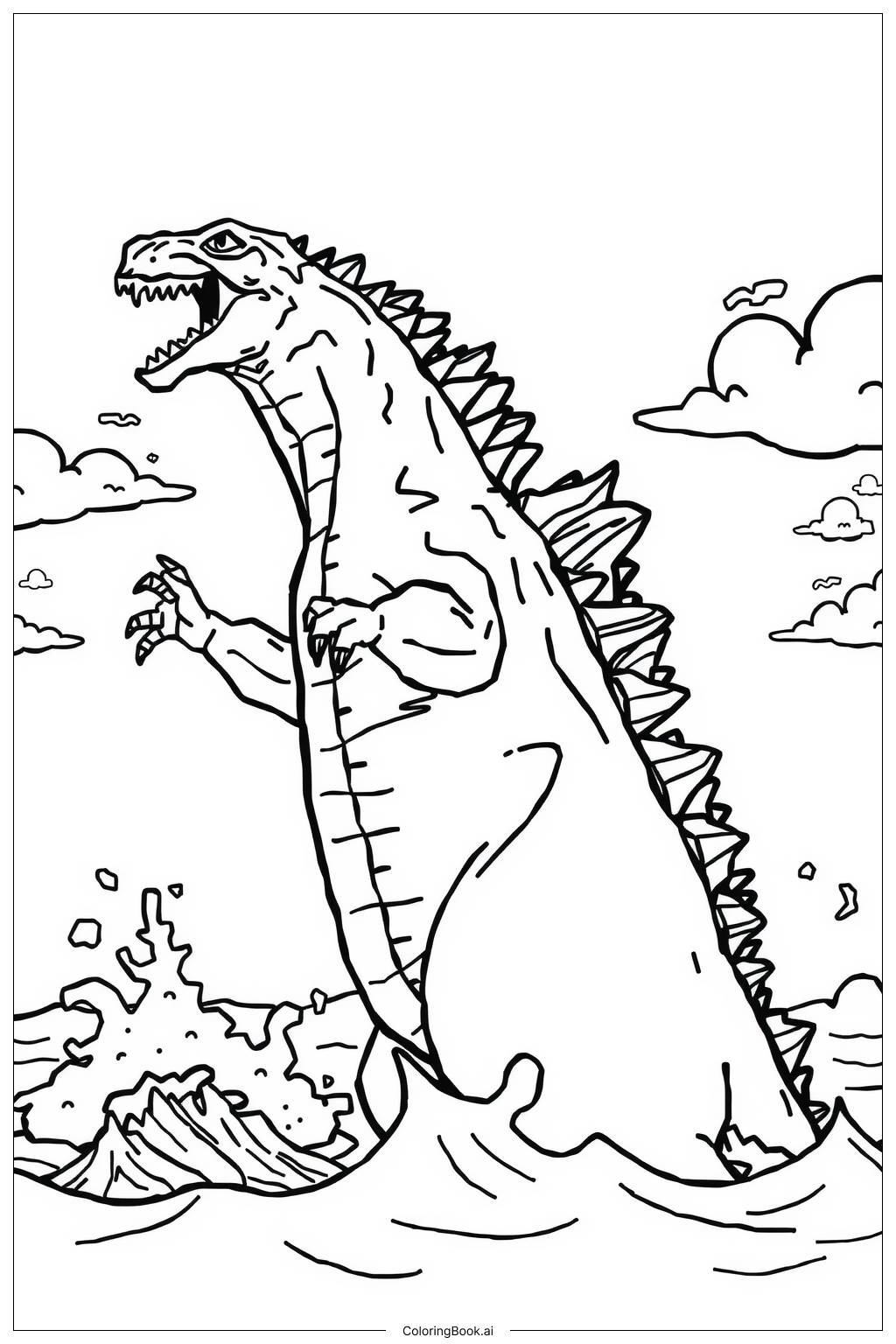  Página para colorear de godzilla emergiendo del océano 