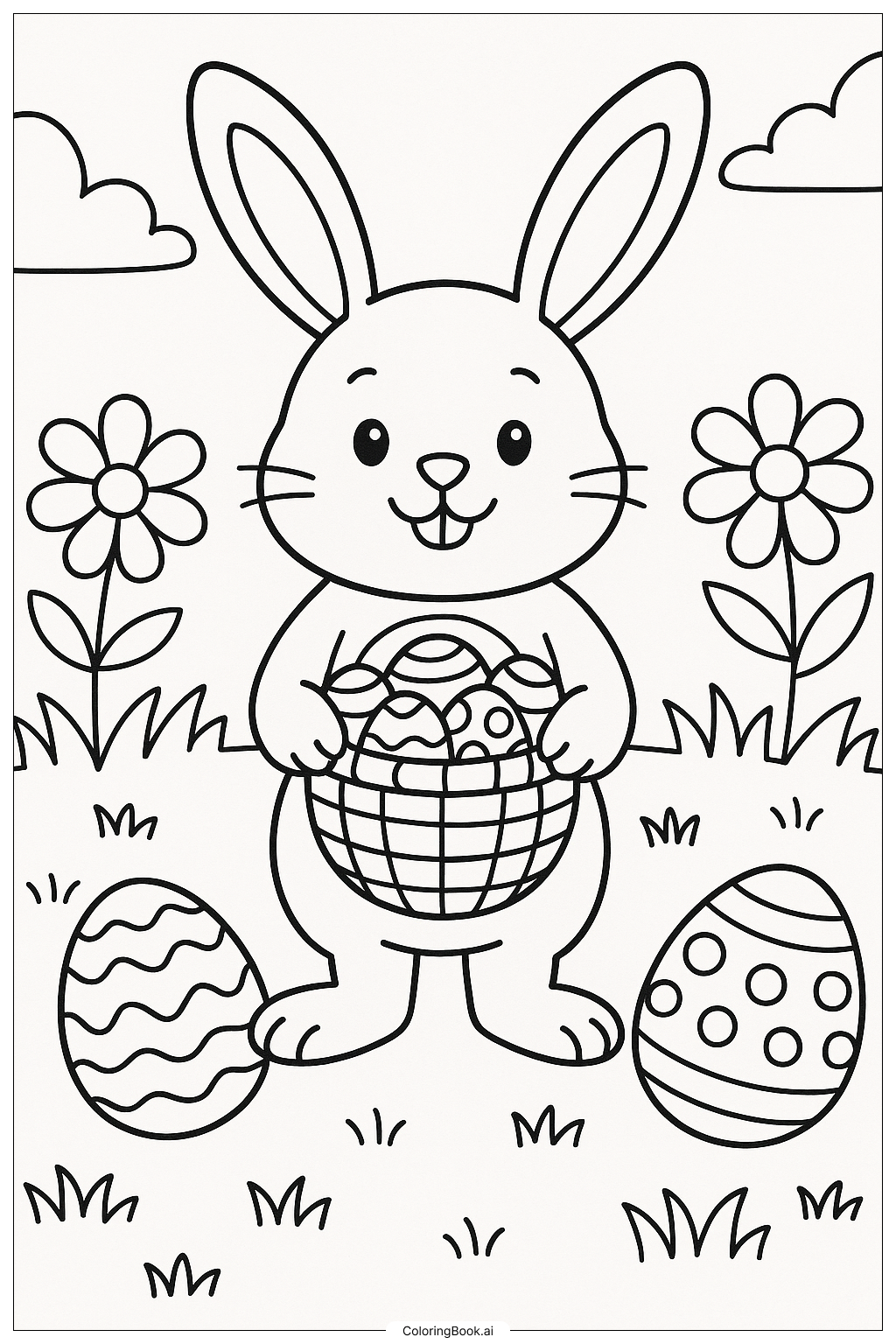 Easter Bunny With A Basket Full Of Eggs Coloring Page