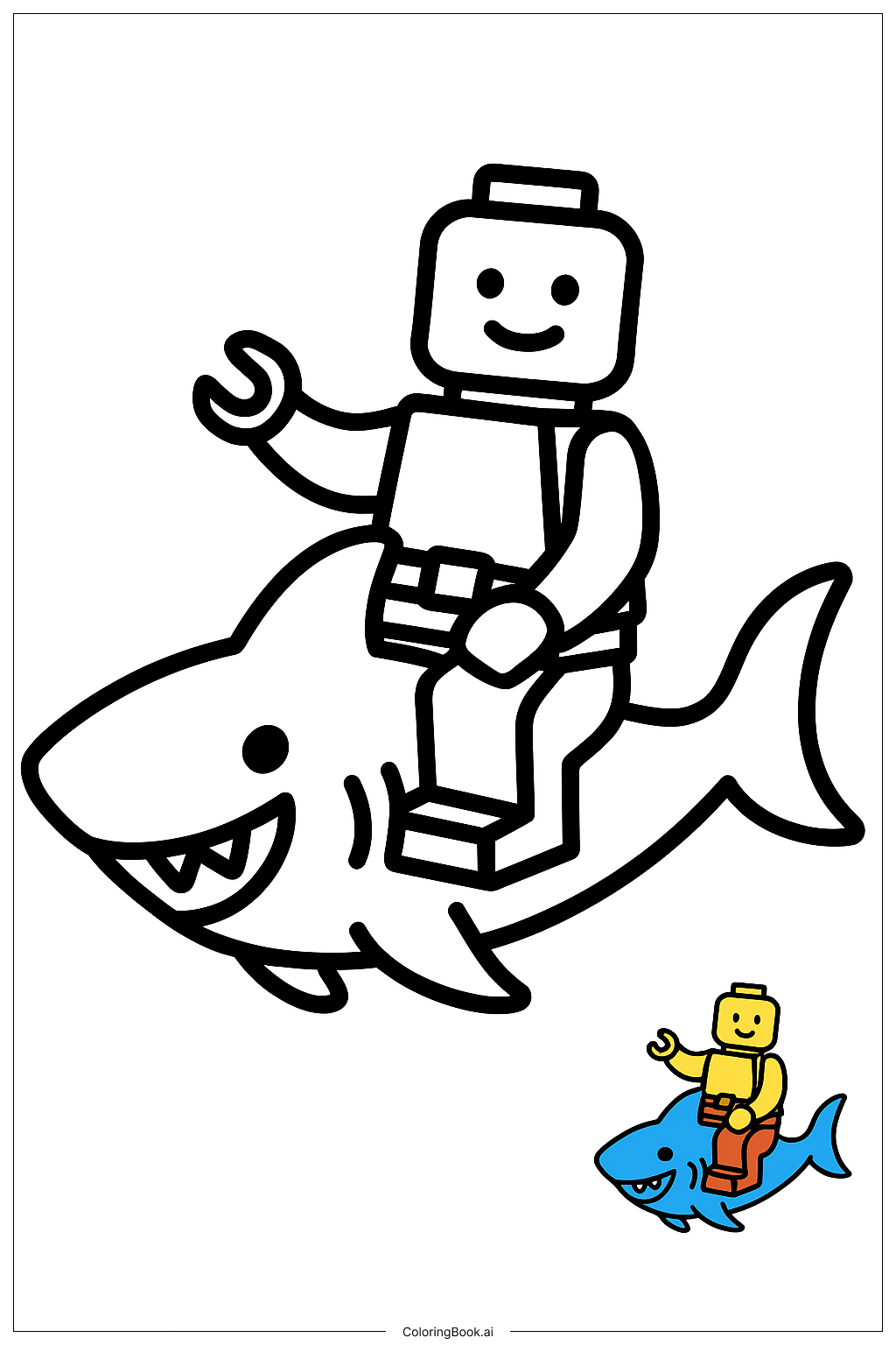  Fortnite Lego Charakter, der auf einem Hai reitet Ausmalseite 