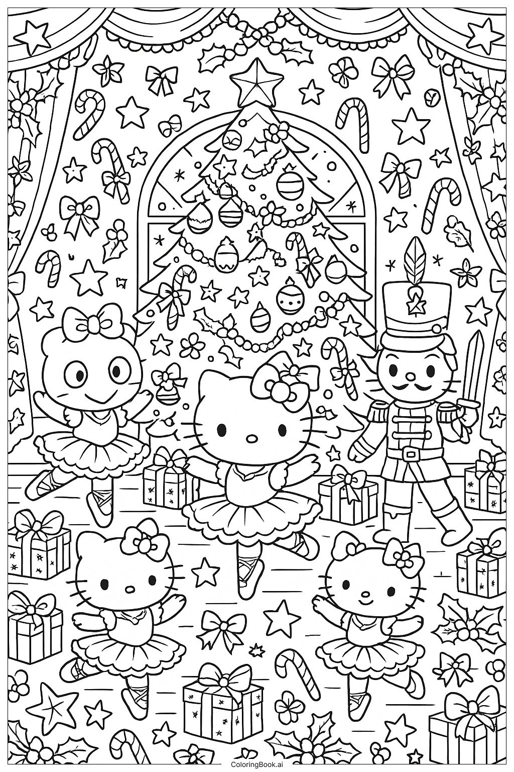  Hello Kitty's Christmas Nutcracker Ballet Scene Coloring Page 