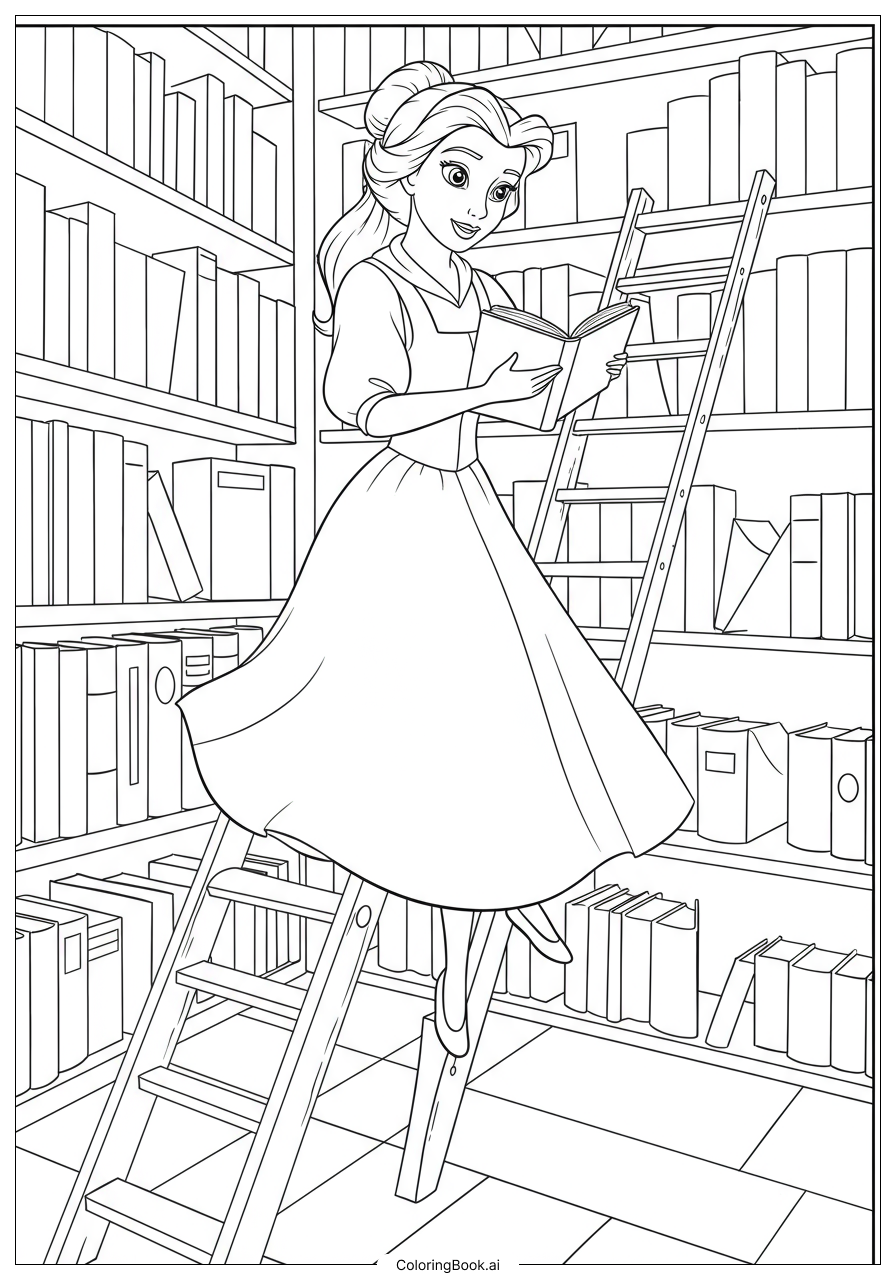  図書館のはしごに立つベルの塗り絵ページ 