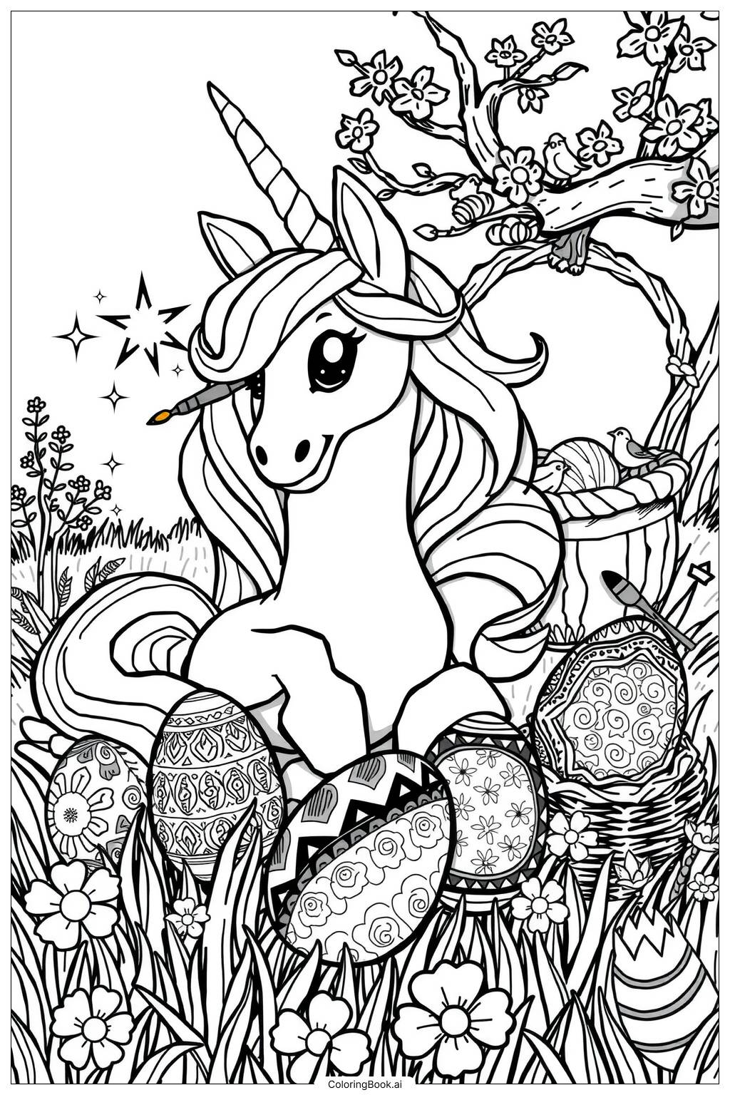  Page de coloriage licorne célébrant Pâques avec des œufs peints-2 