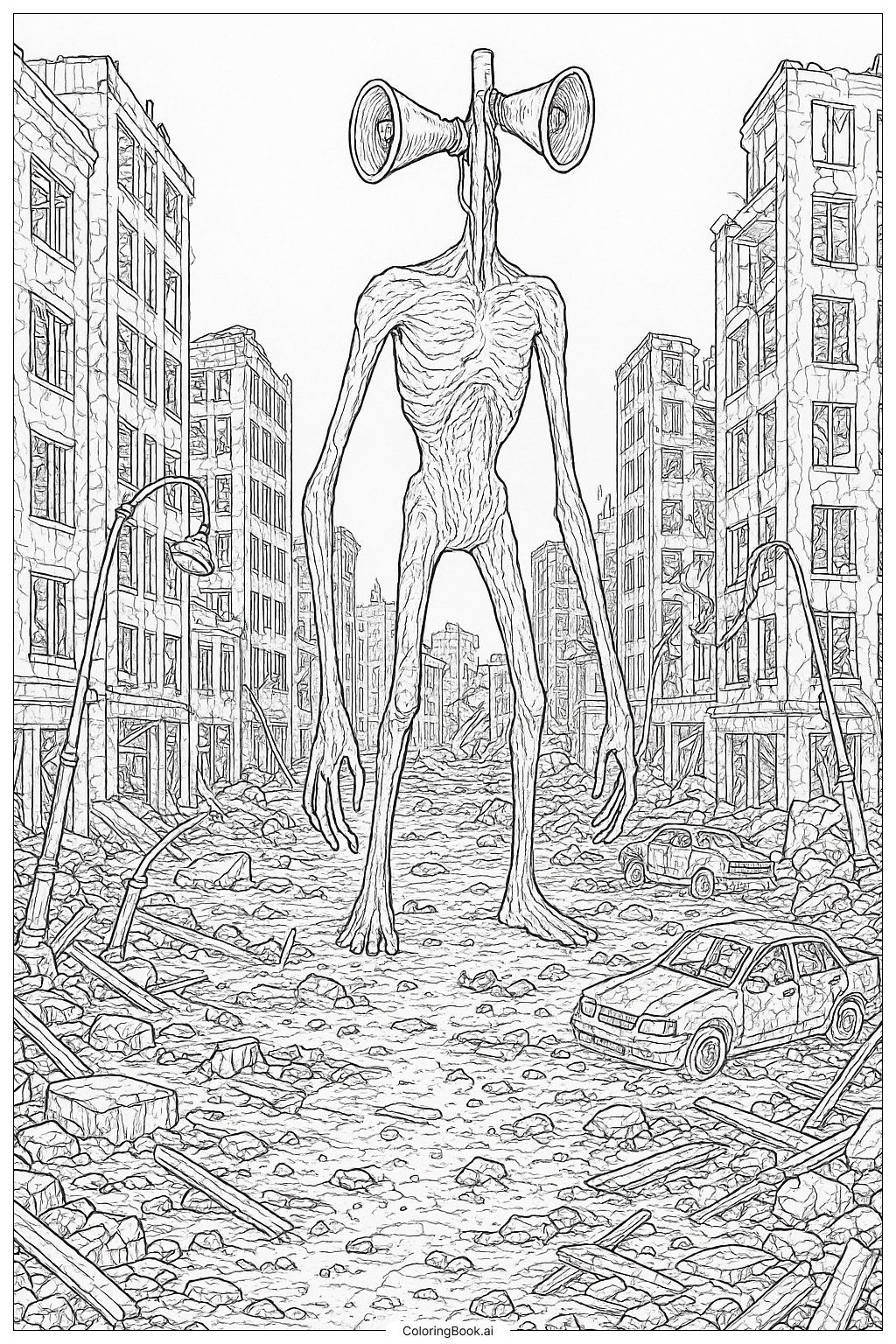 Page de coloriage Siren Head dans une ville abandonnée 