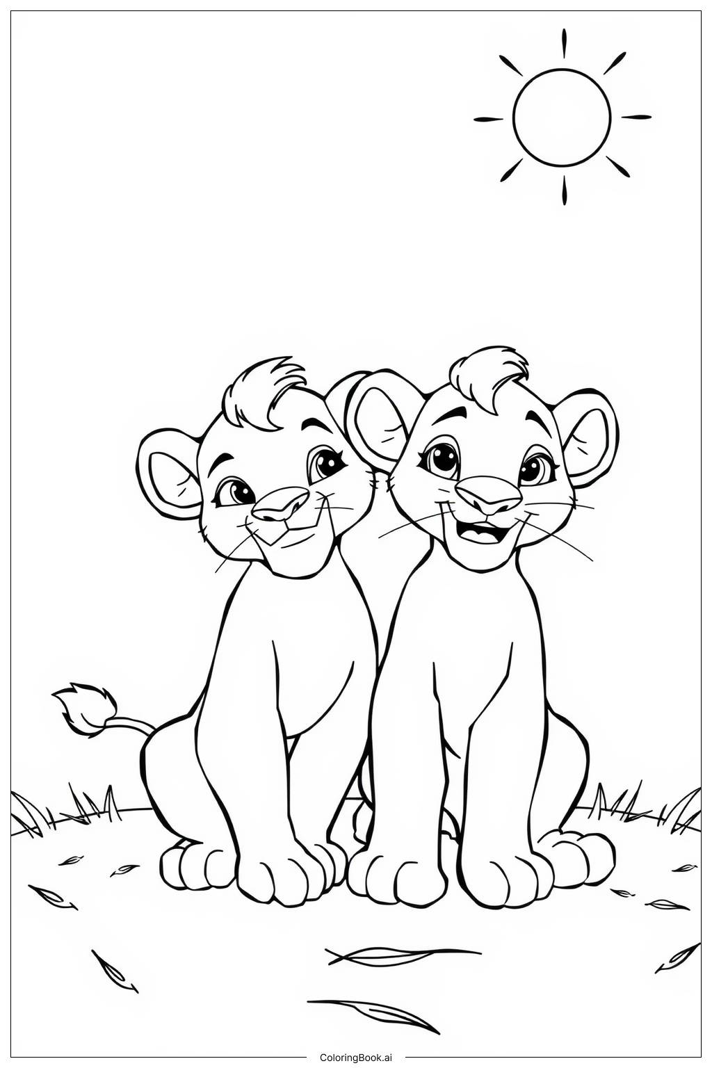  Page de coloriage lion king nala et simba marchant à travers la savane 