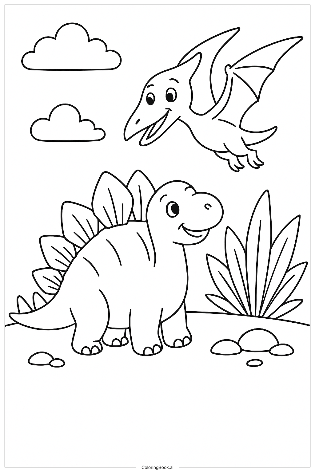 Ein Stegosaurus trifft einen Flugsaurier Ausmalseite