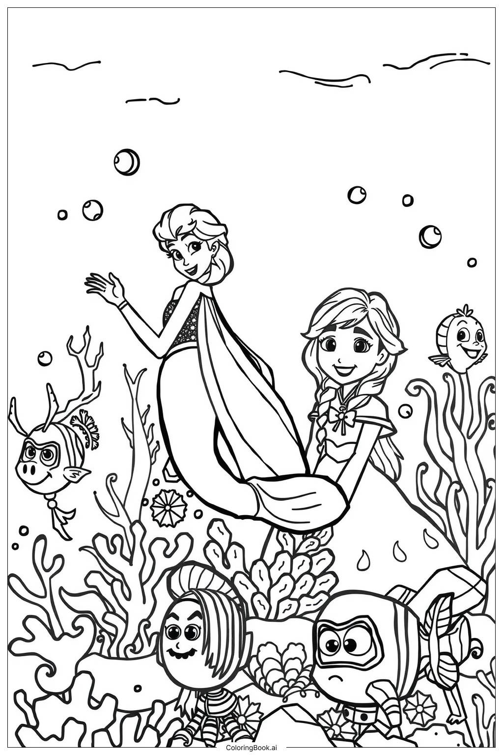  Elsa and Anna Mermaid Journey Coloring Page 