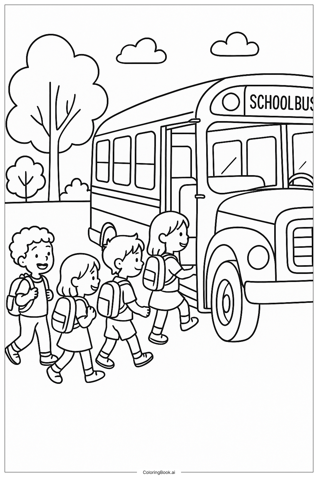  Kinder steigen in den Schulbus ein Ausmalseite 