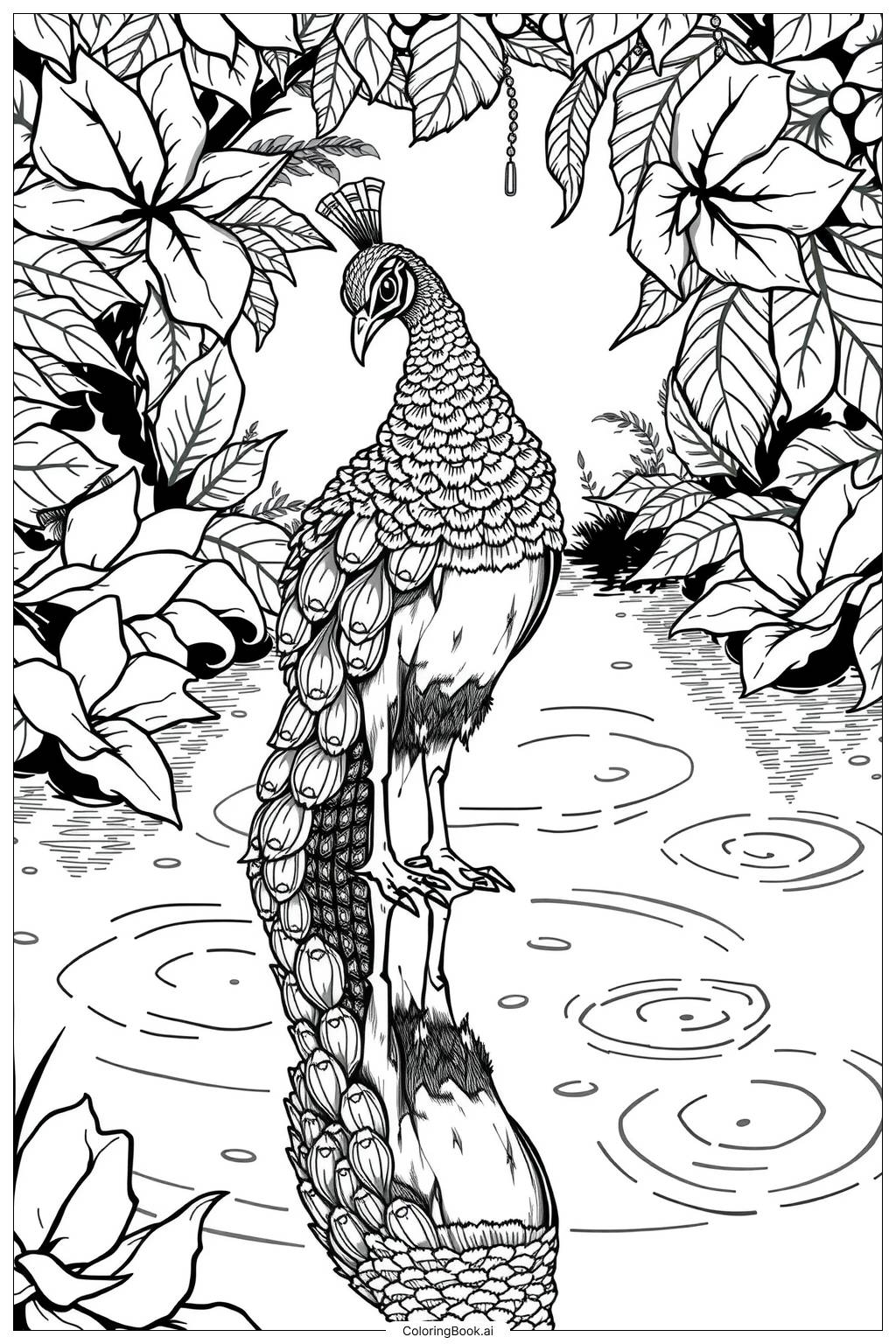  Page de coloriage paon et son reflet dans l'eau 