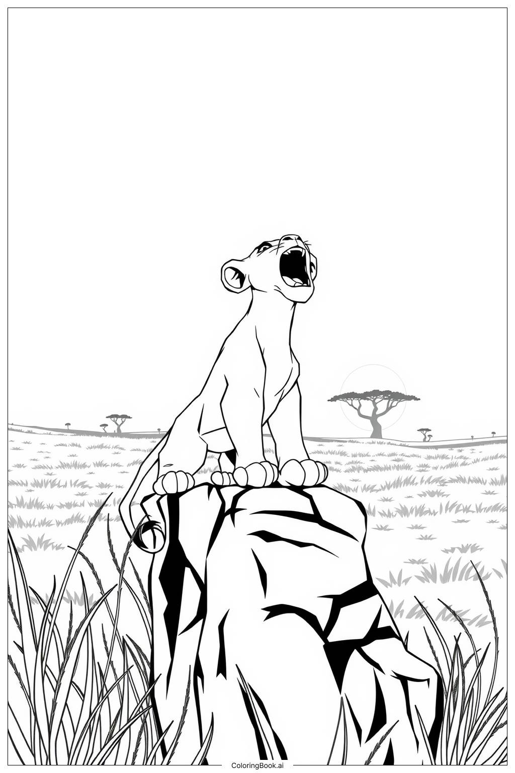  Page de coloriage le roi lion simba rugissant au lever du soleil-2 