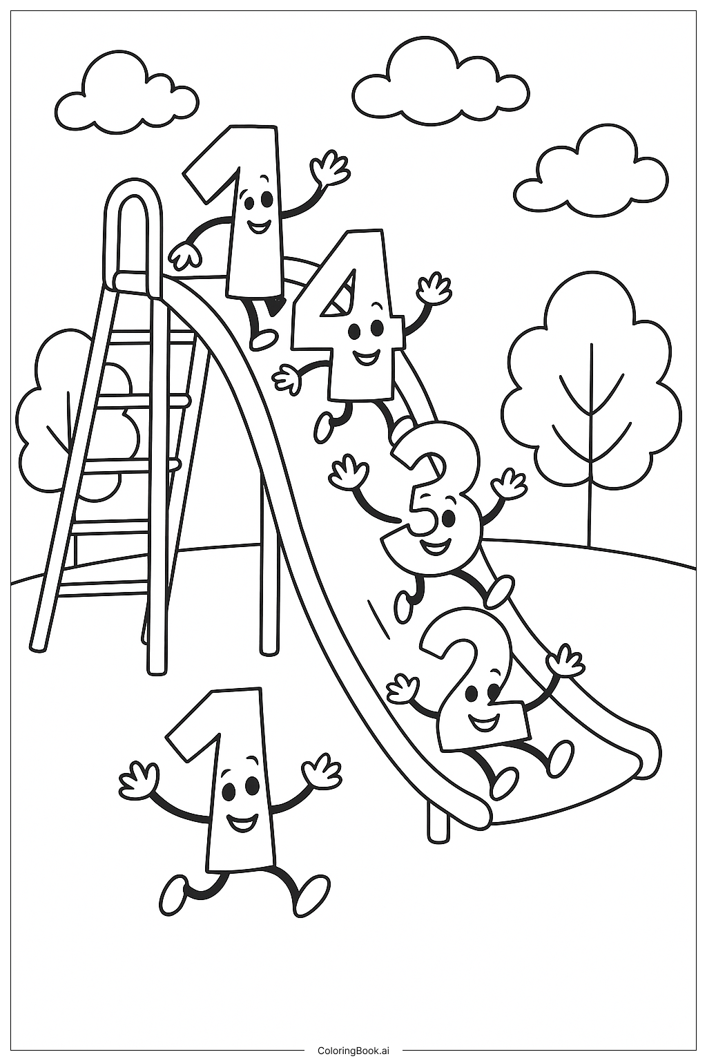  数字在滑滑梯上玩耍填色页 