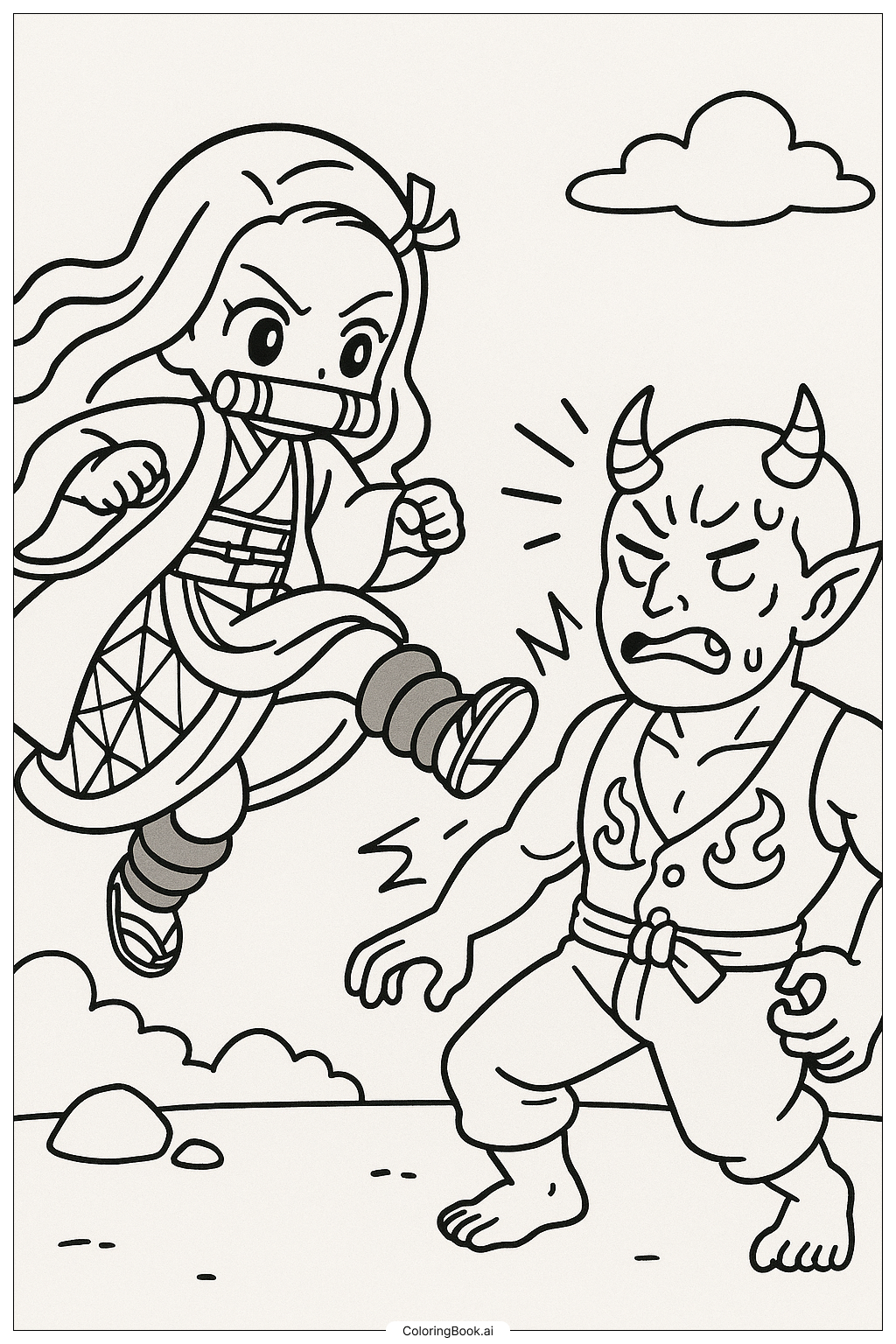  Página para colorear de Nezuko pateando a un poderoso demonio 