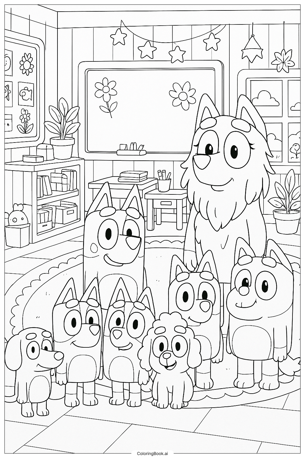  Página para colorear de Bluey y sus compañeros de clase con Calypso, la profesora 