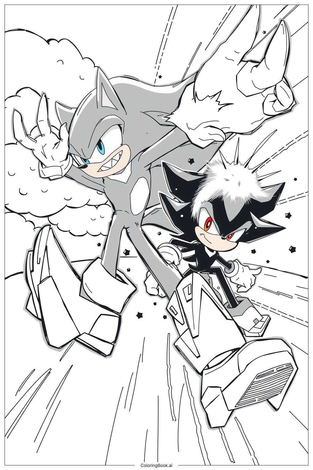  Página para colorir de fleetway super sonic lutando contra shadow no céu 