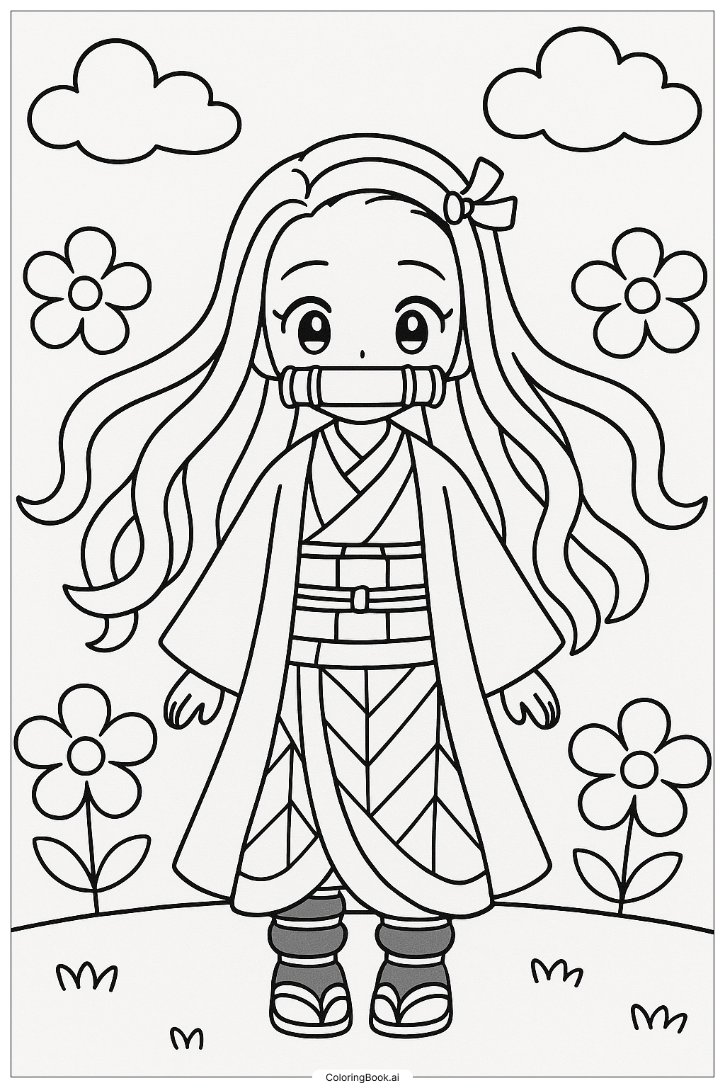  Página para colorear de Nezuko con Su Cabello Fluyendo 
