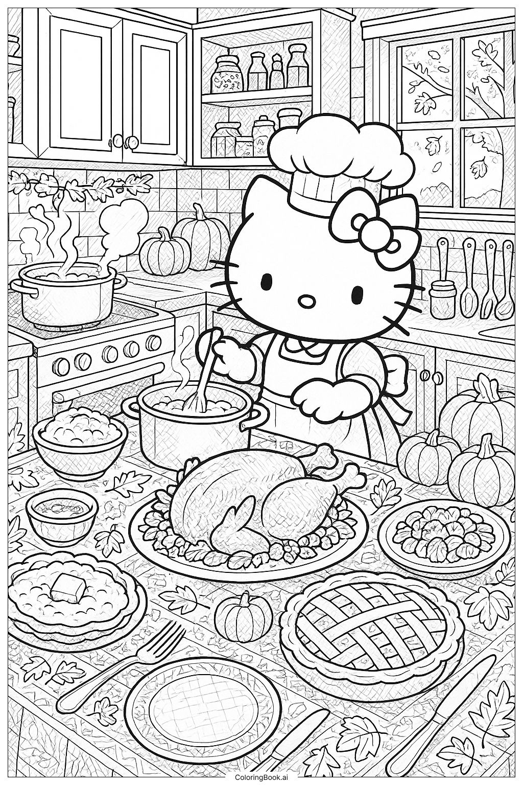  Hello Kitty bereitet das gesamte Thanksgiving-Essen vor Ausmalseite 