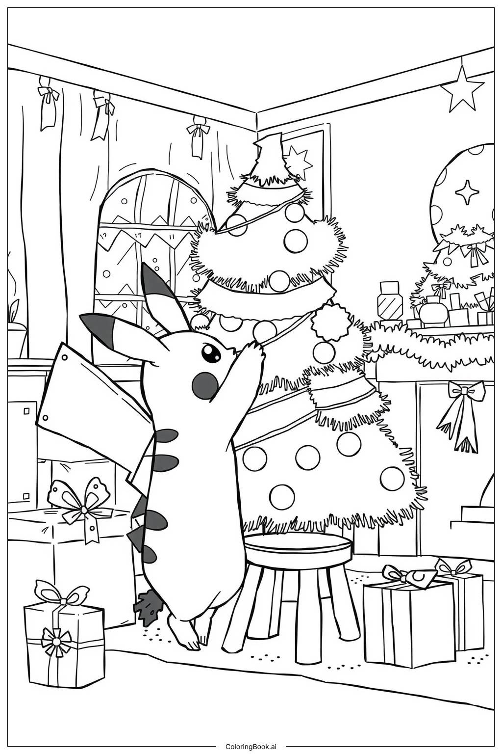  Pikachu Decorating the Tree-2 Coloring Page 