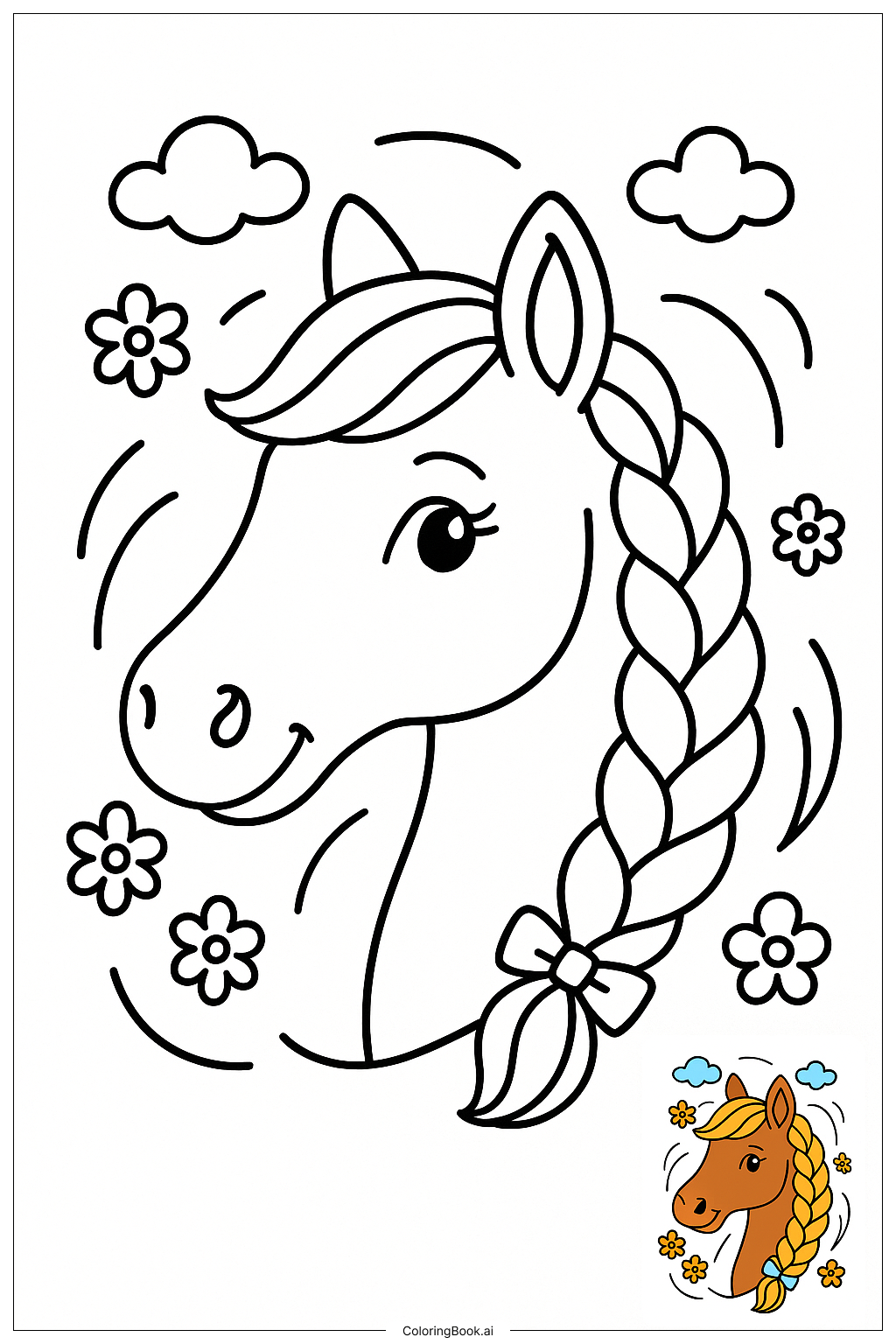 編み込みたて馬の頭の肖像画の塗り絵ページ 
