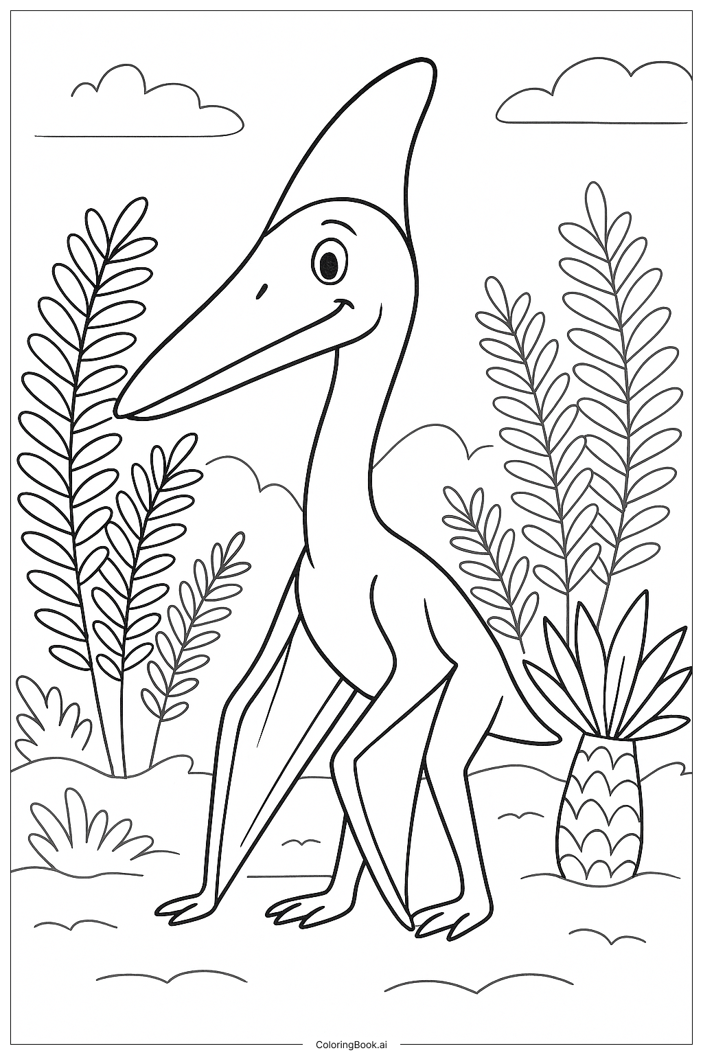  Página para colorir de Quetzalcoatlus Entre Samambaias e Cícadas 