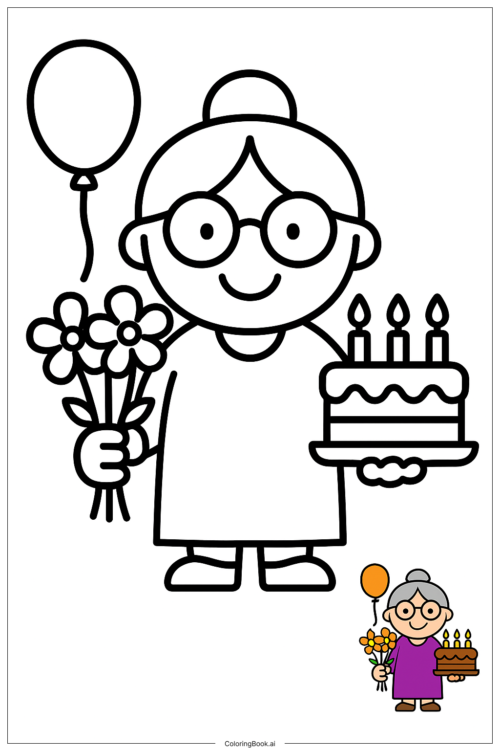  Happy Birthday Grandma And Flowers Coloring Page 
