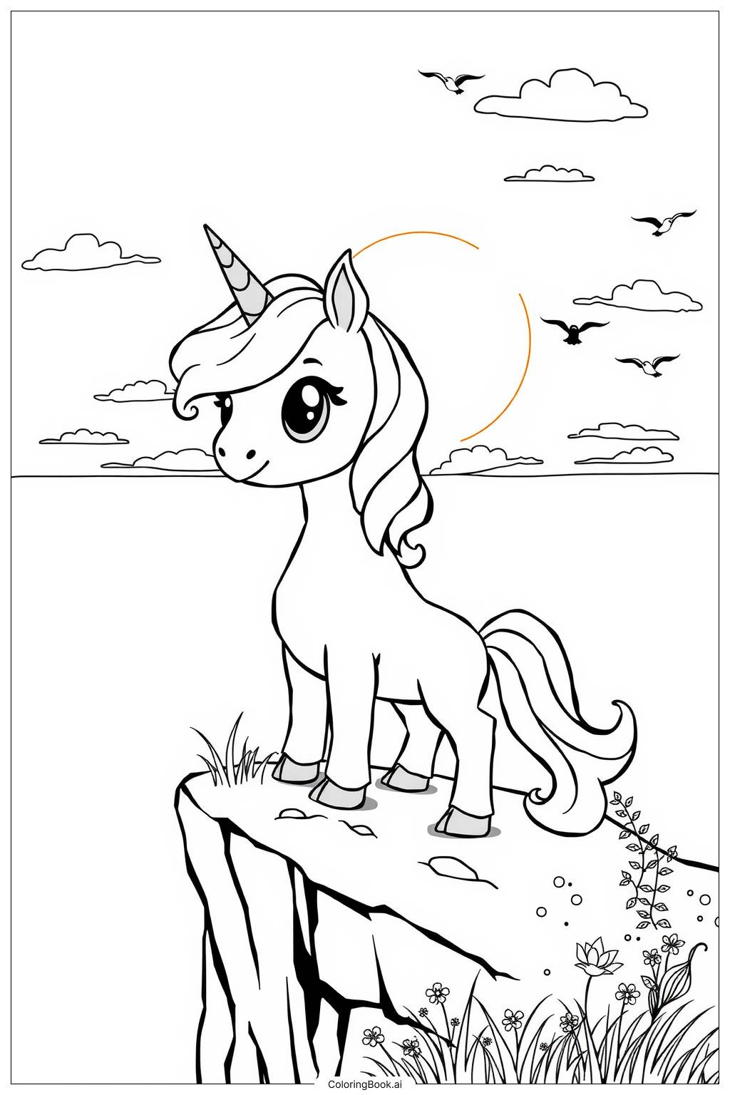  Page de coloriage le dernier unicorn sur une falaise au coucher du soleil 