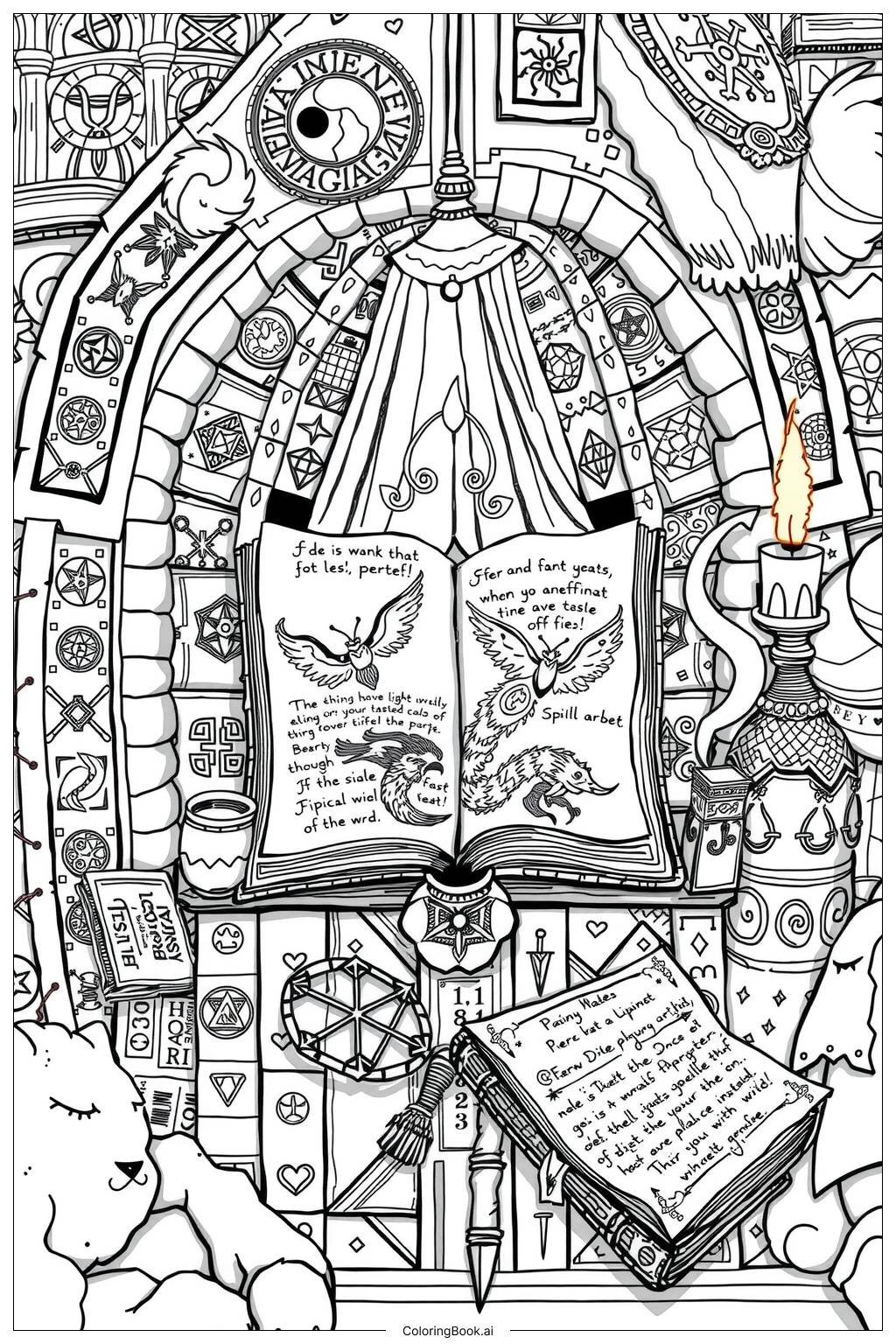  Page de coloriage sorcière lisant un grimoire 