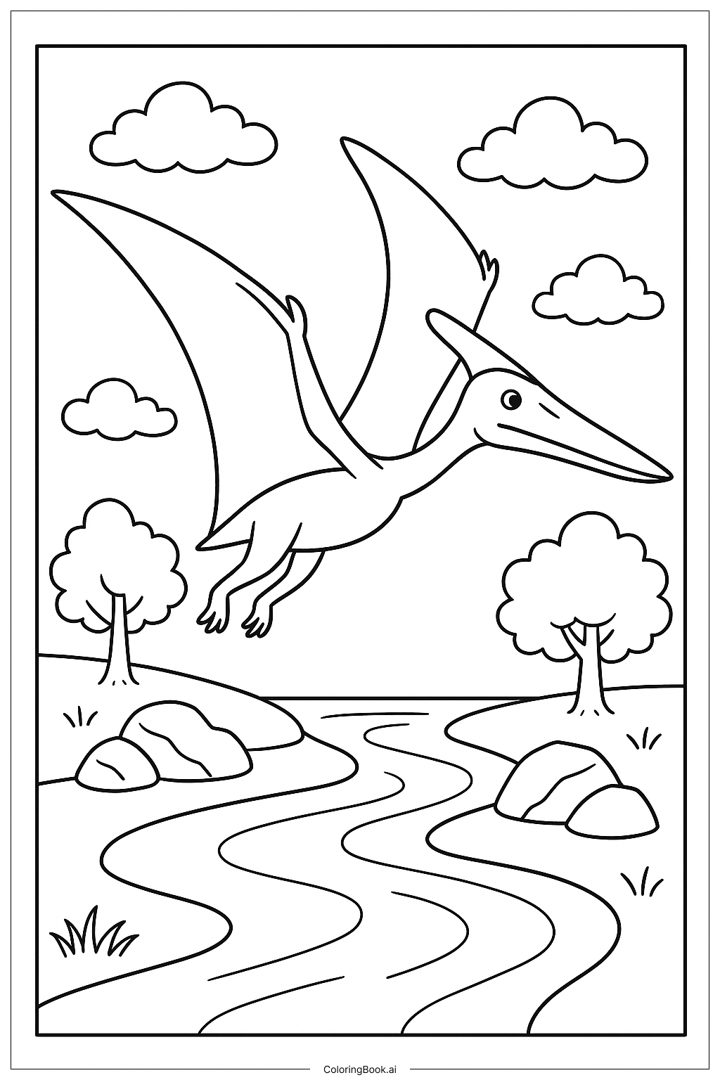  Página para colorir de Quetzalcoatlus Voando Sobre um Rio 