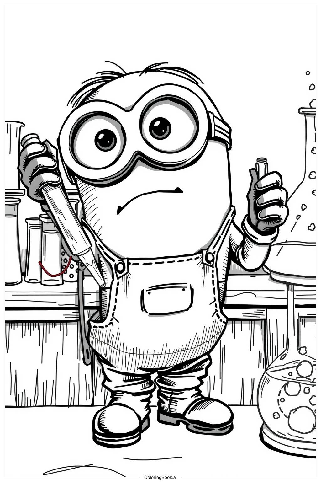  Página para colorear de minion trabajando en un laboratorio con tubos de ensayo-2 