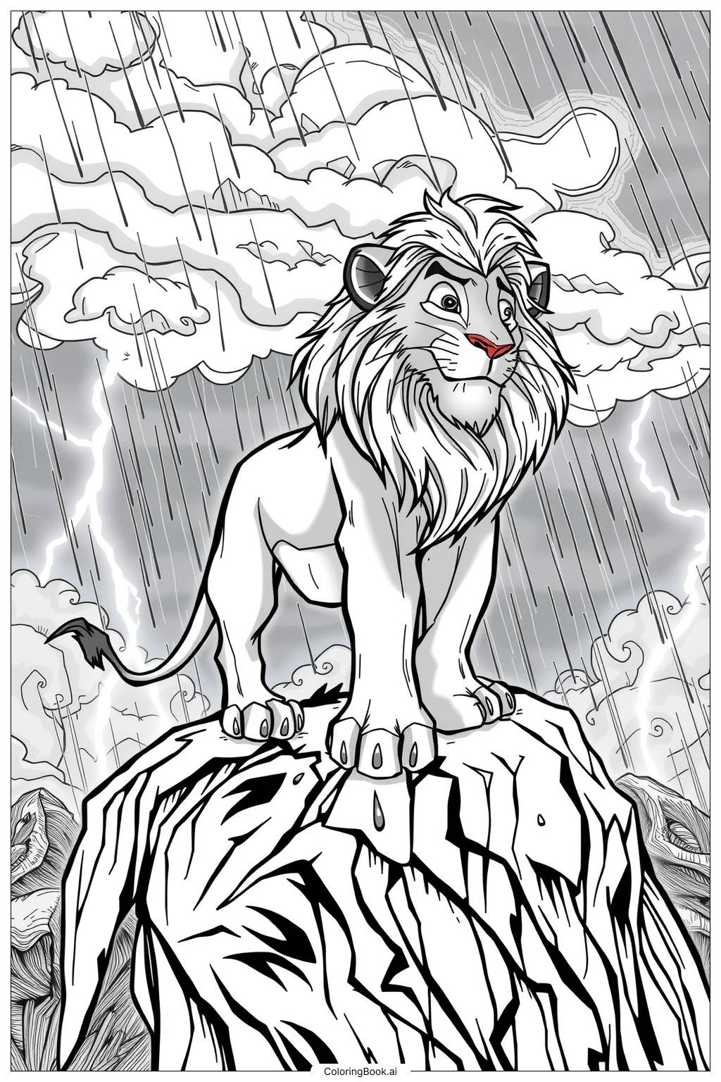  Page de coloriage le roi lion simba debout sur le rocher de la fierté sous la pluie 