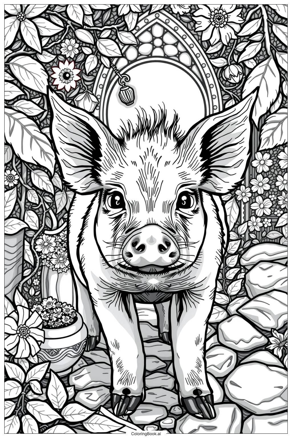  Page de coloriage Joli Petit Cochon dans un Jardin de Fleurs 