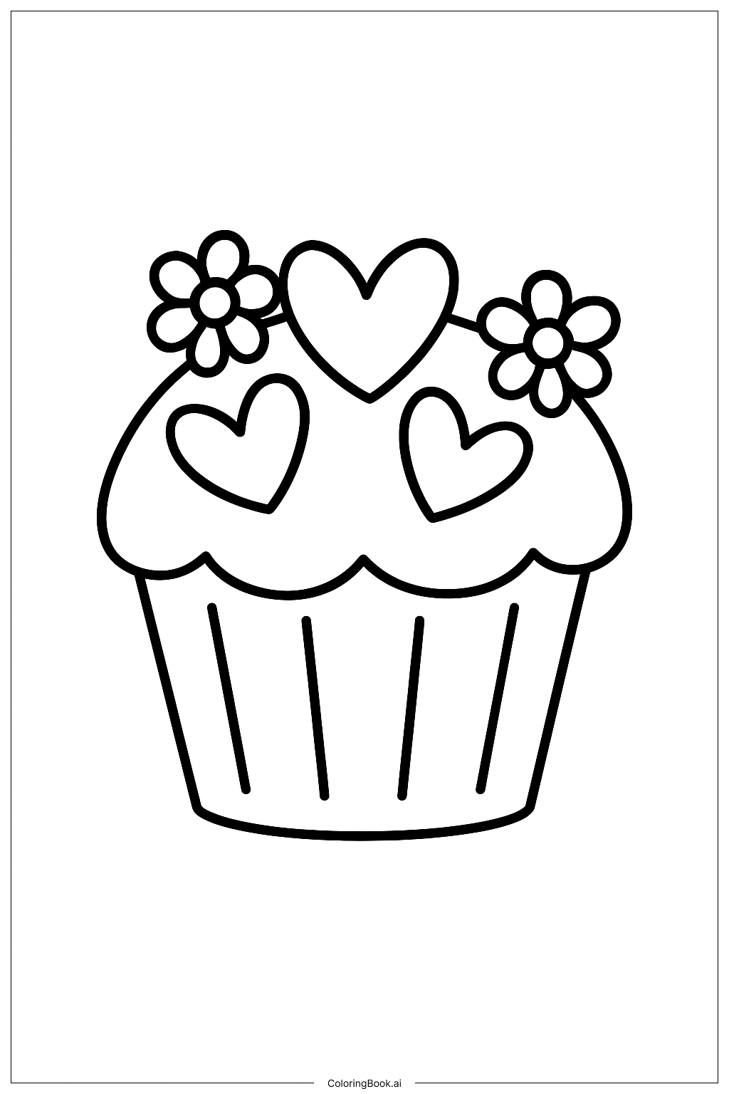  A Cupcake With Hearts and Flowers Coloring Page 