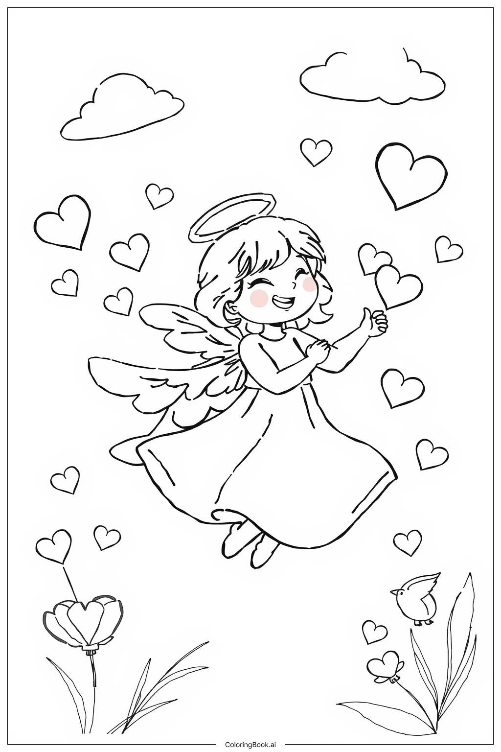  Angel Spreading Love Hearts Coloring Page 