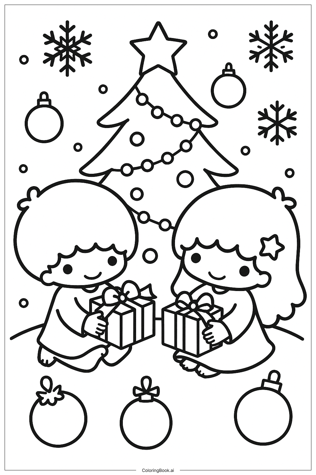  Little Twin Stars Exchanging Christmas Gifts Coloring Page 