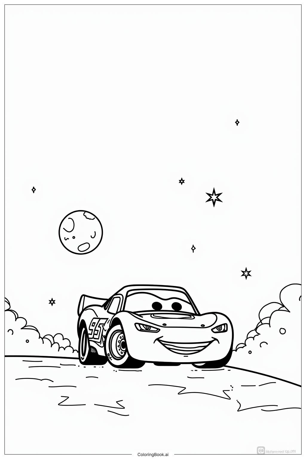  Página para colorear de Rayo McQueen bajo el cielo nocturno 