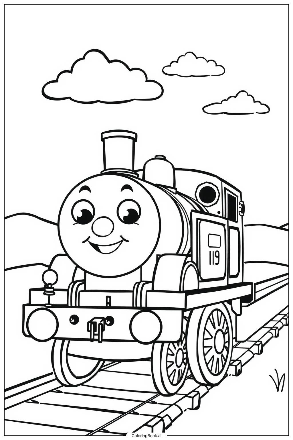  Página para colorir de percy, o trem em um dia ensolarado 