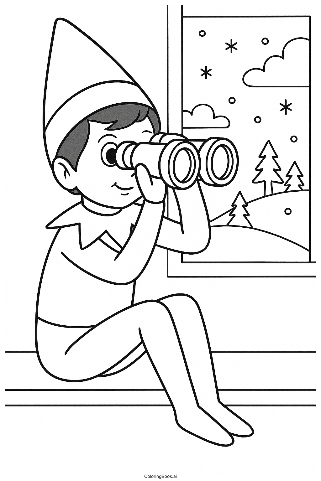 Página para colorir de Duende na Prateleira Olhando com Binóculos 