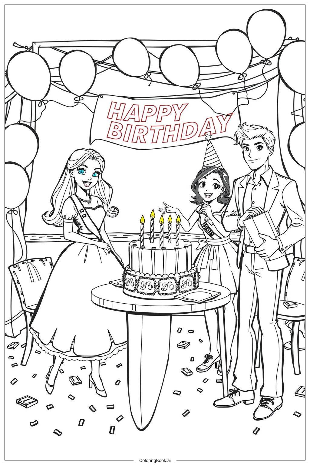  Página para colorear de la familia de Barbie celebrando una fiesta de cumpleaños 