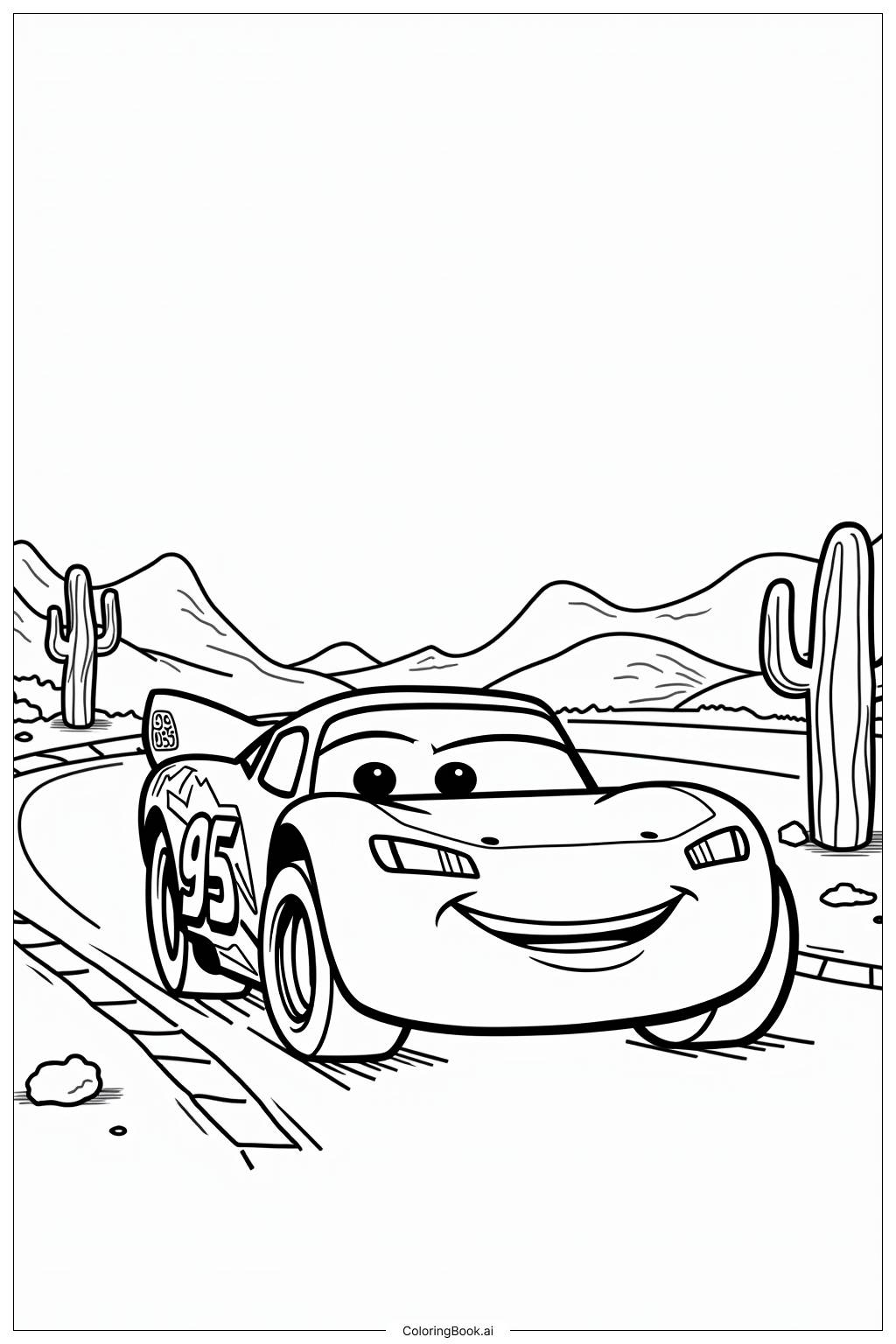  Page de coloriage Lightning McQueen en course sur une piste désertique 