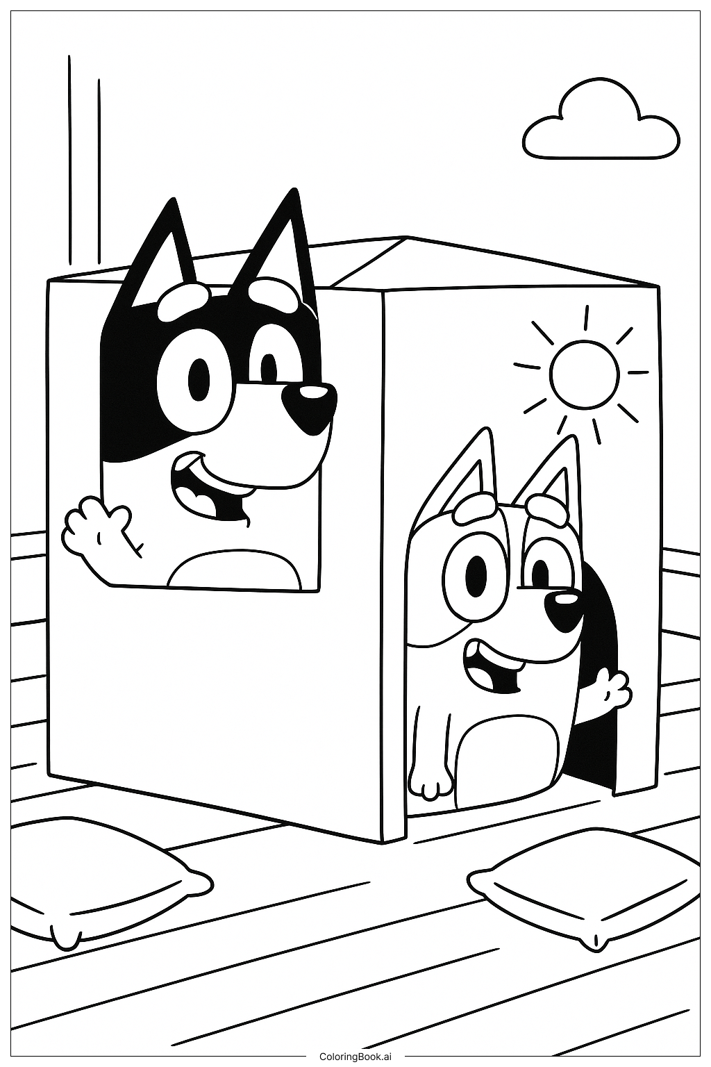  Página para colorear de Bluey y Bingo en un fuerte de caja de cartón 
